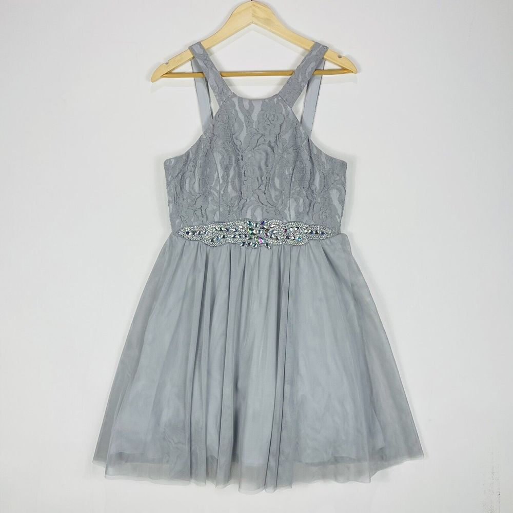 Juno Dress Collection Women Large Grey Lace Net Skirt Beaded‎ Y2K Dress Cocktail